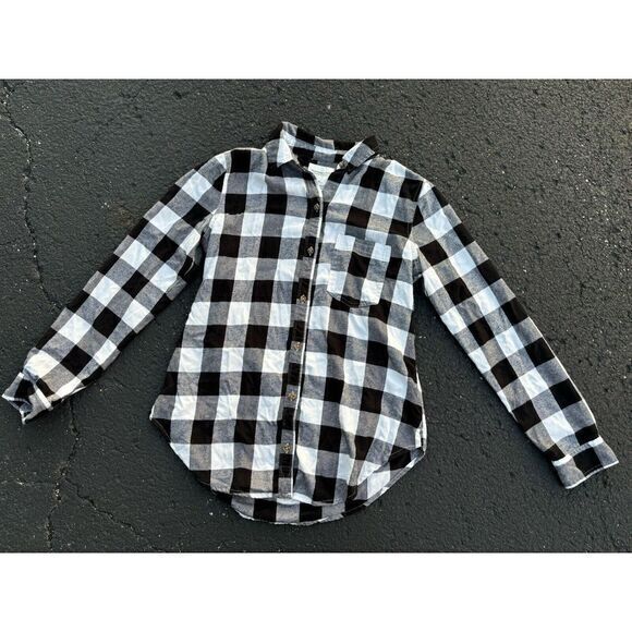 Abercrombie‎ & Fitch Shirt Womens M Button Up Long Sleeve Roll Tab Plaid Black - Picture 1 of 6